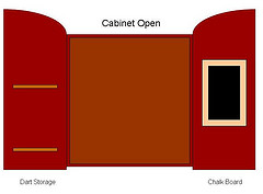 Dart cabinet interior showing chalk board and dart storage