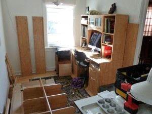 The desk I assembled last week is on the right - the bookcase on the left.